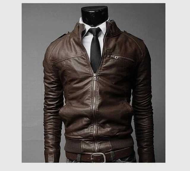 2019 New Fashion Autumn Male Leather Jacket Plus Size 3XL Black Brown Mens Stand Collar PU Coats Leather Biker Jackets