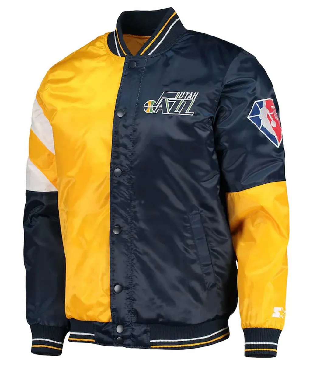 75th Anniversary Leader Utah Jazz Satin Color Block Blue and Yellow Jacket