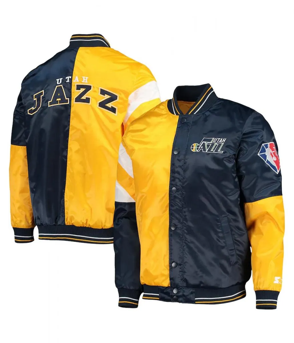 75th Anniversary Leader Utah Jazz Satin Color Block Blue and Yellow Jacket