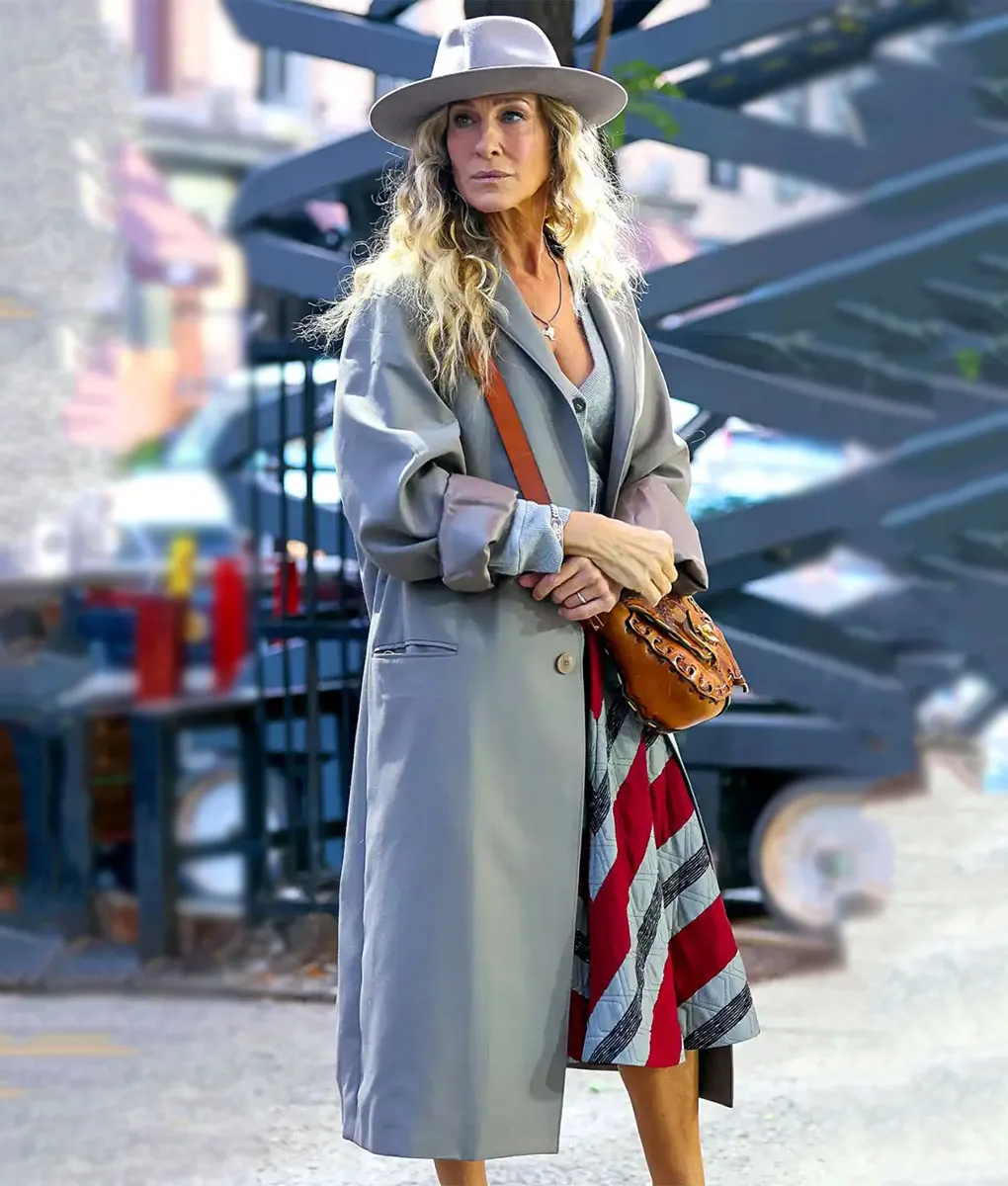 And Just Like That Carrie Bradshaw Grey Coat | Sarah Jessica Parker Coat