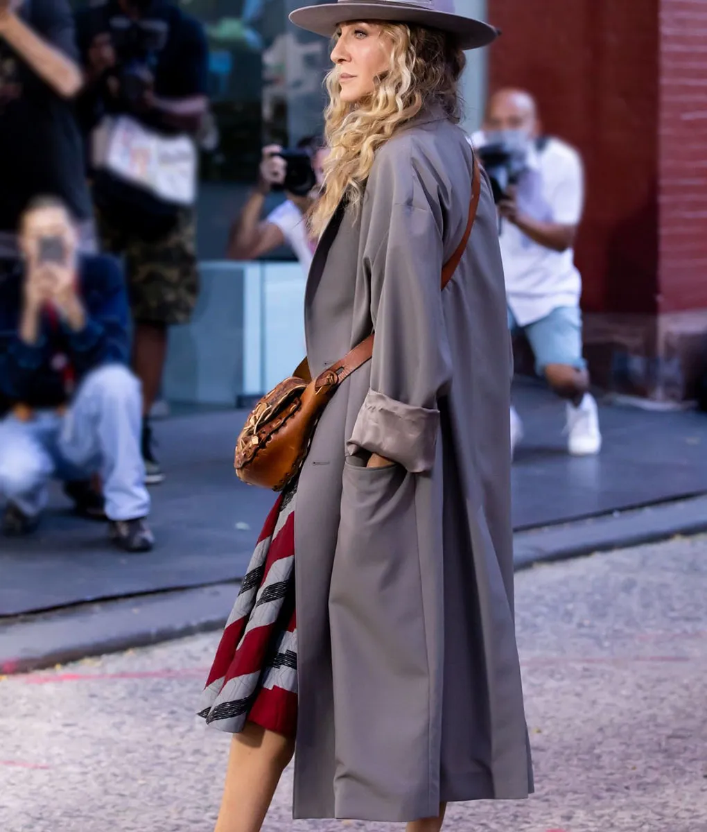 And Just Like That Carrie Bradshaw Grey Coat | Sarah Jessica Parker Coat