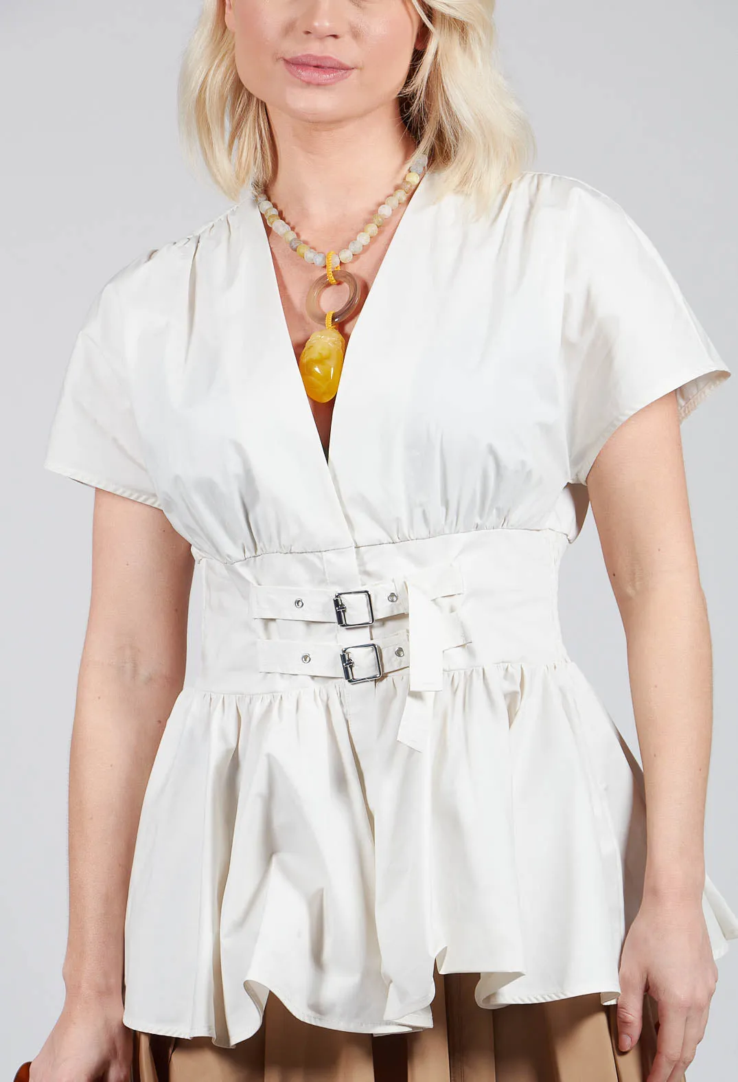 Belt Front Blouse in Cream