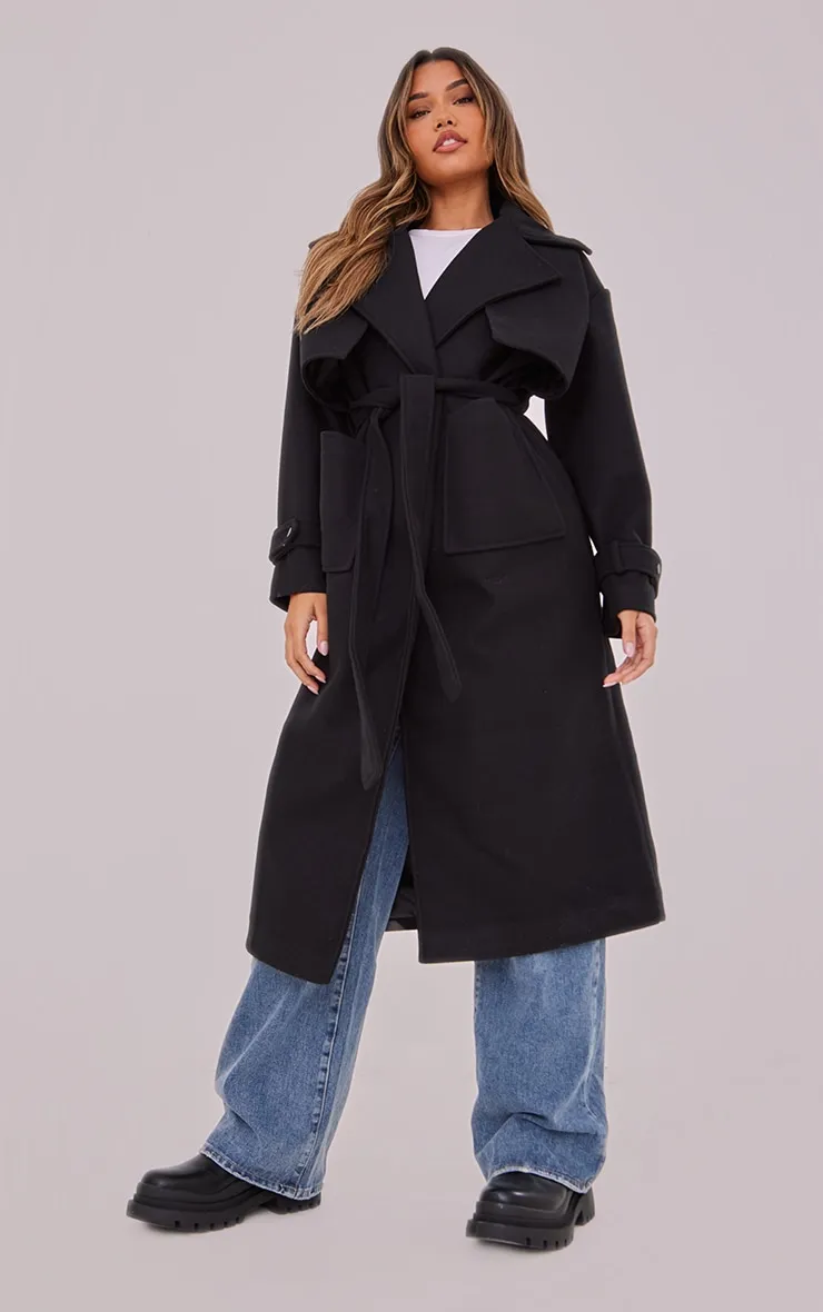 Black Premium Maxi Panel Detail Belted Coat