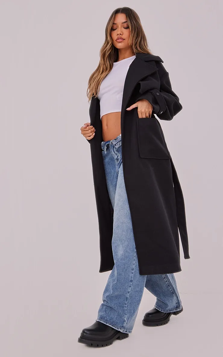 Black Premium Maxi Panel Detail Belted Coat