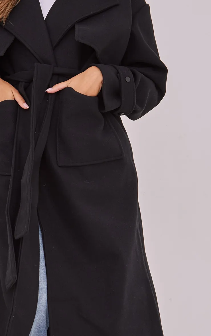 Black Premium Maxi Panel Detail Belted Coat