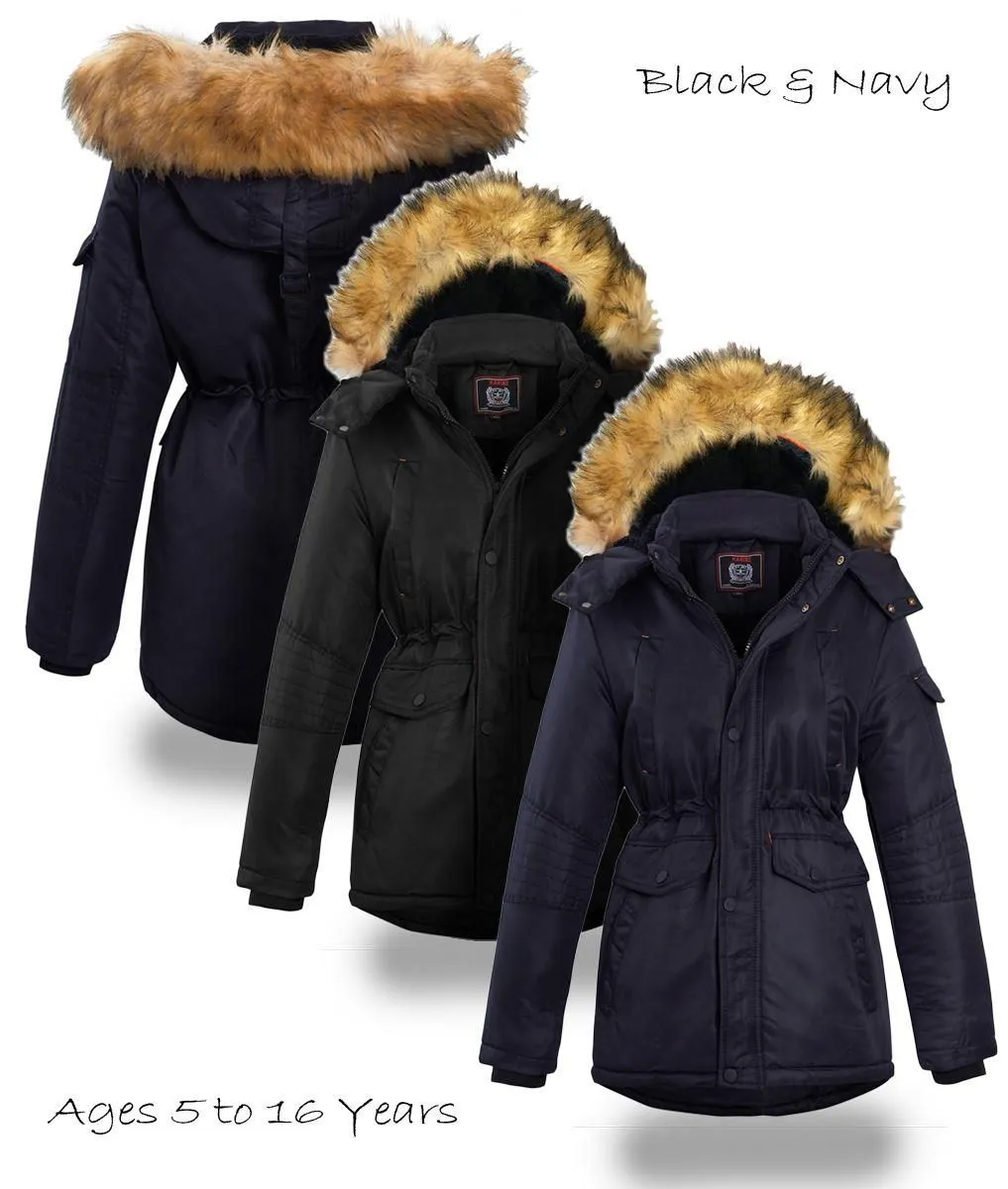 Boys Padded Parka Coat with Detachable Faux Fur Hood, Ages 5 to 16 Years