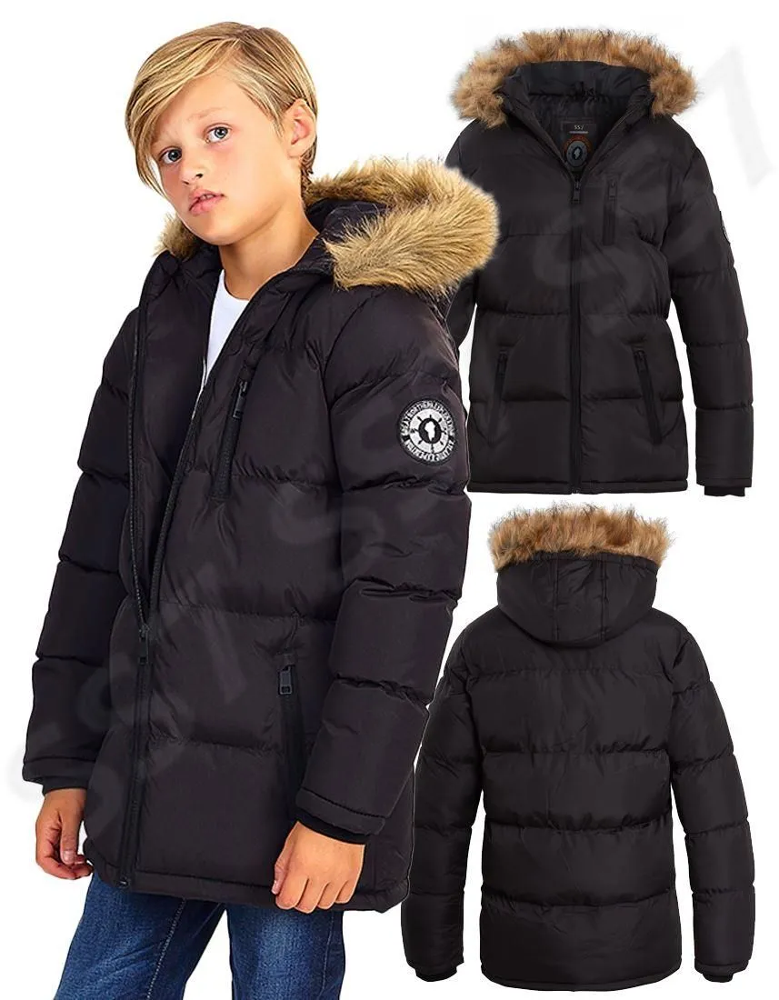 Boys Padded Parka Coat with Faux Fur Trim Hood, Ages 7 to 13 Years