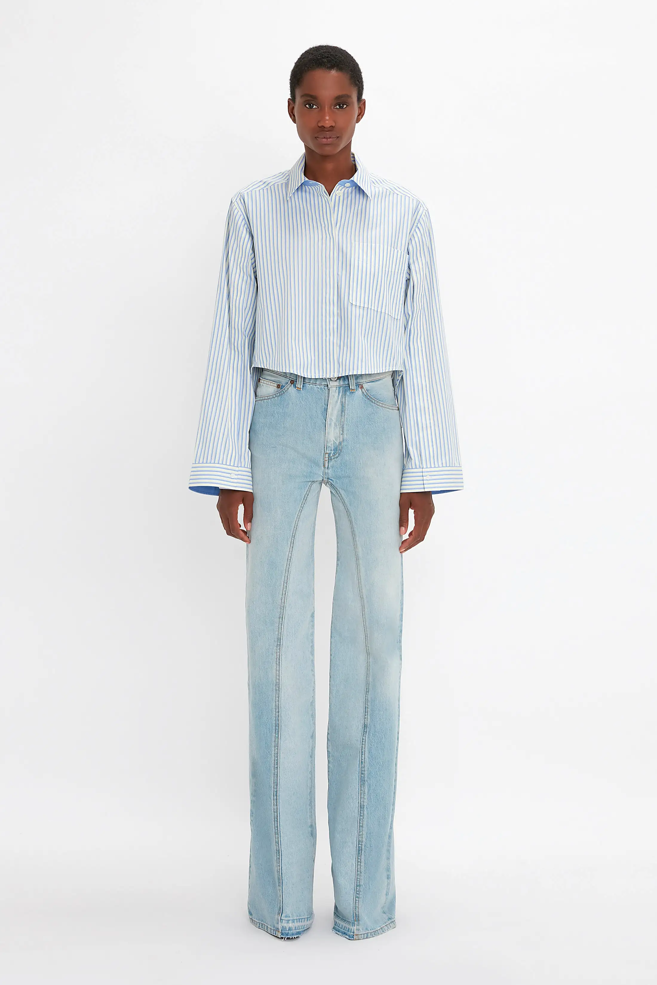 Button Detail Cropped Shirt In Chamomile Blue Stripe