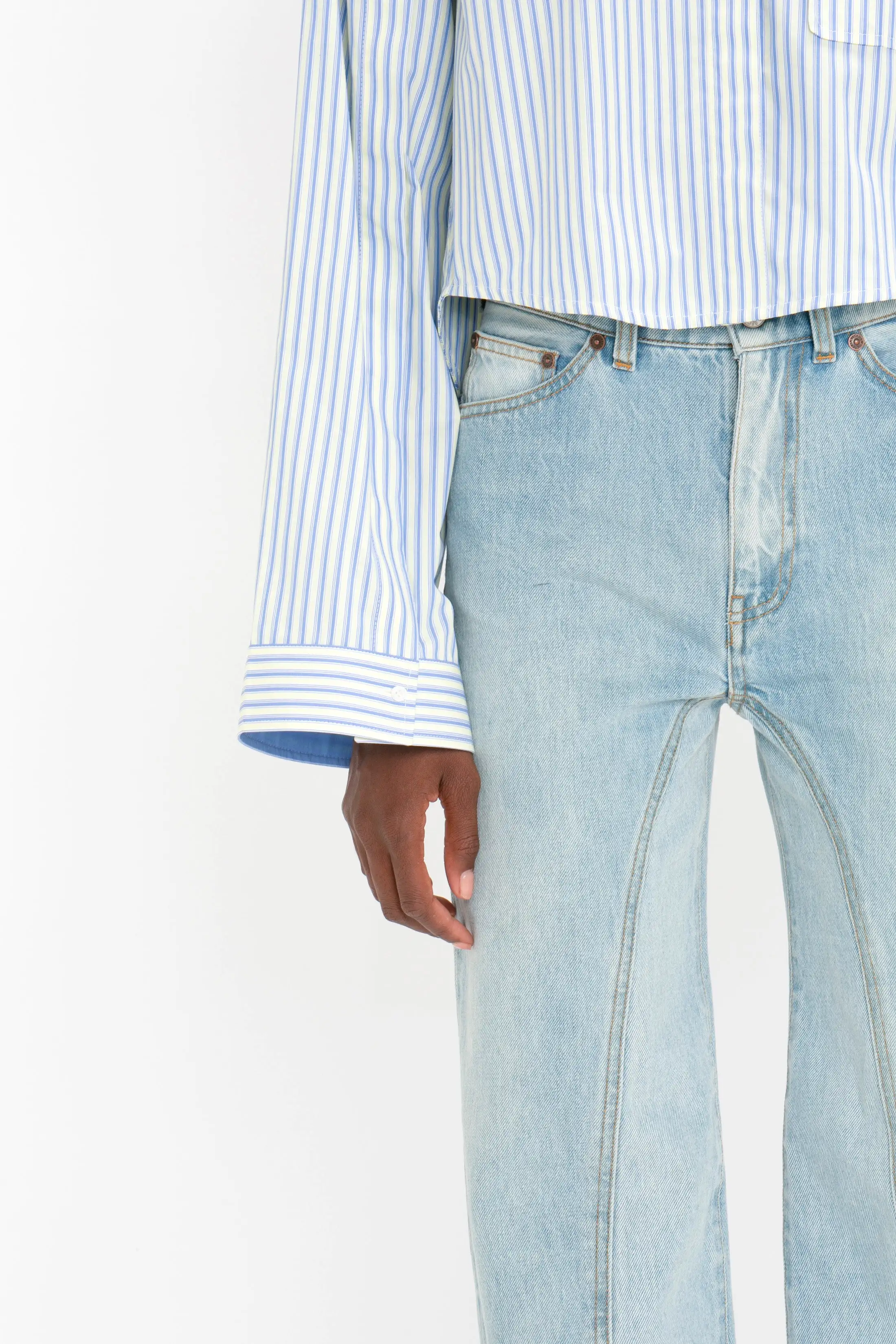 Button Detail Cropped Shirt In Chamomile Blue Stripe