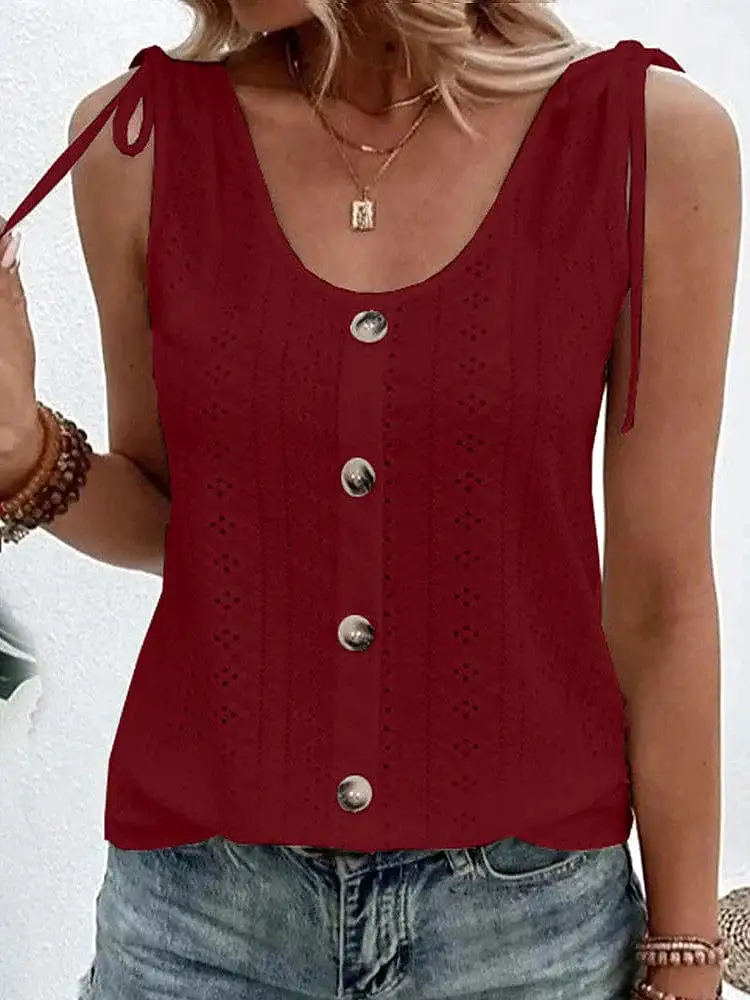 Button Sleeveless Tank Top with Light Blue, Claret, and Black Colors