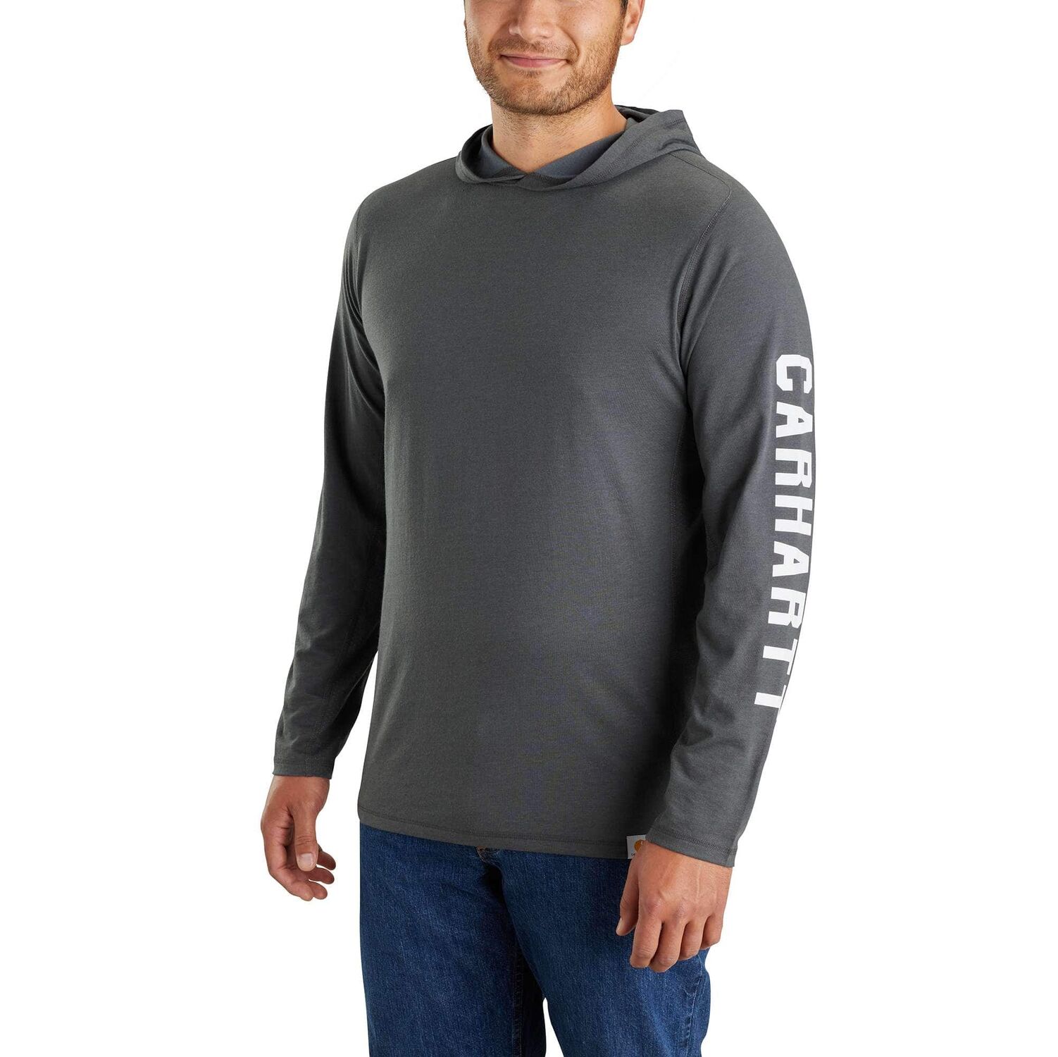 Carhartt Men's Force Relaxed Fit Long Sleeve Logo Graphic Hooded T-Shirt in Carbon Heather