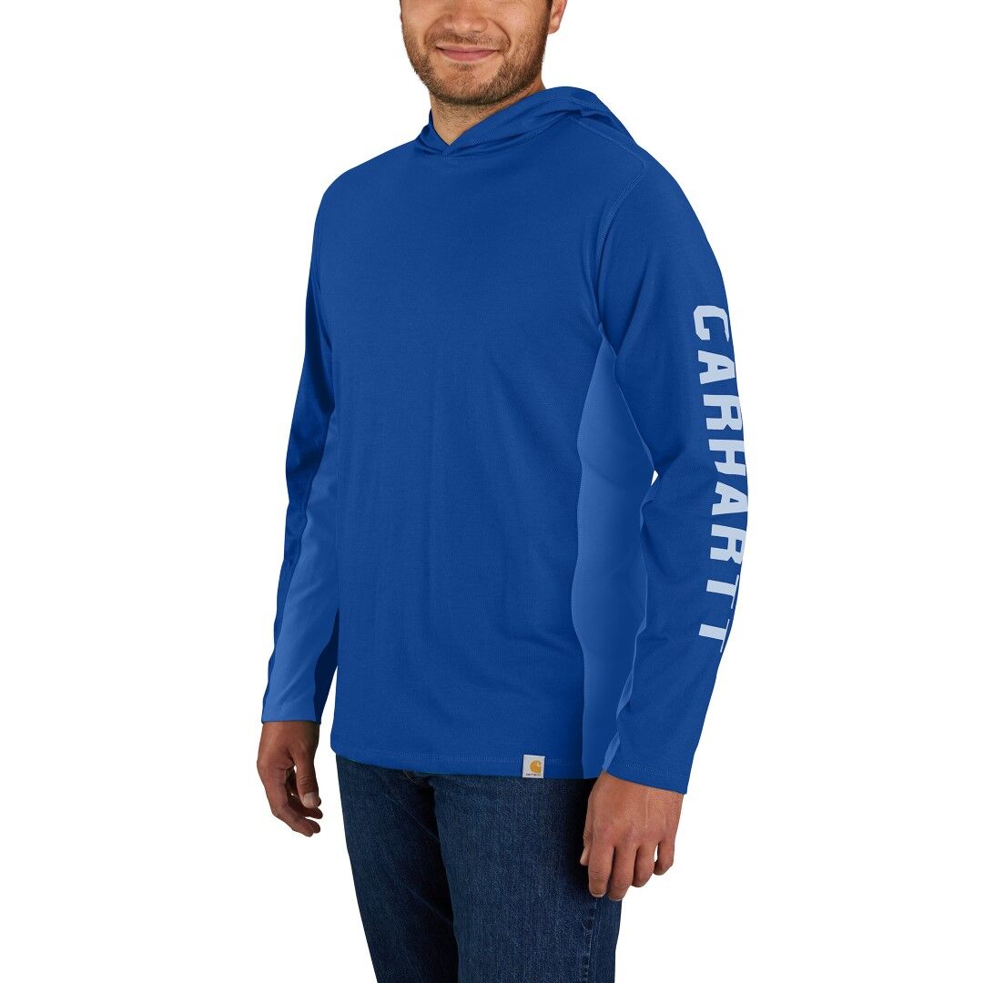 Carhartt Men's Force Relaxed Fit Long Sleeve Logo Graphic Hooded T-Shirt in Glass Blue