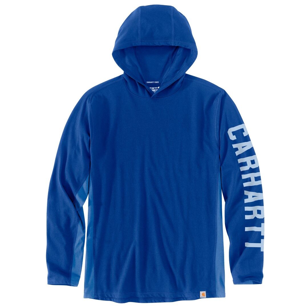 Carhartt Men's Force Relaxed Fit Long Sleeve Logo Graphic Hooded T-Shirt in Glass Blue