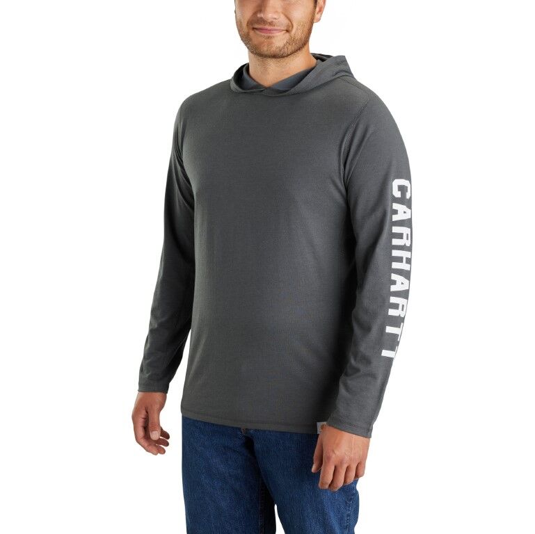 Carhartt Men's Force Relaxed Fit Midweight Long-Sleeve Logo Graphic Hooded T-Shirt in Carbon Heather