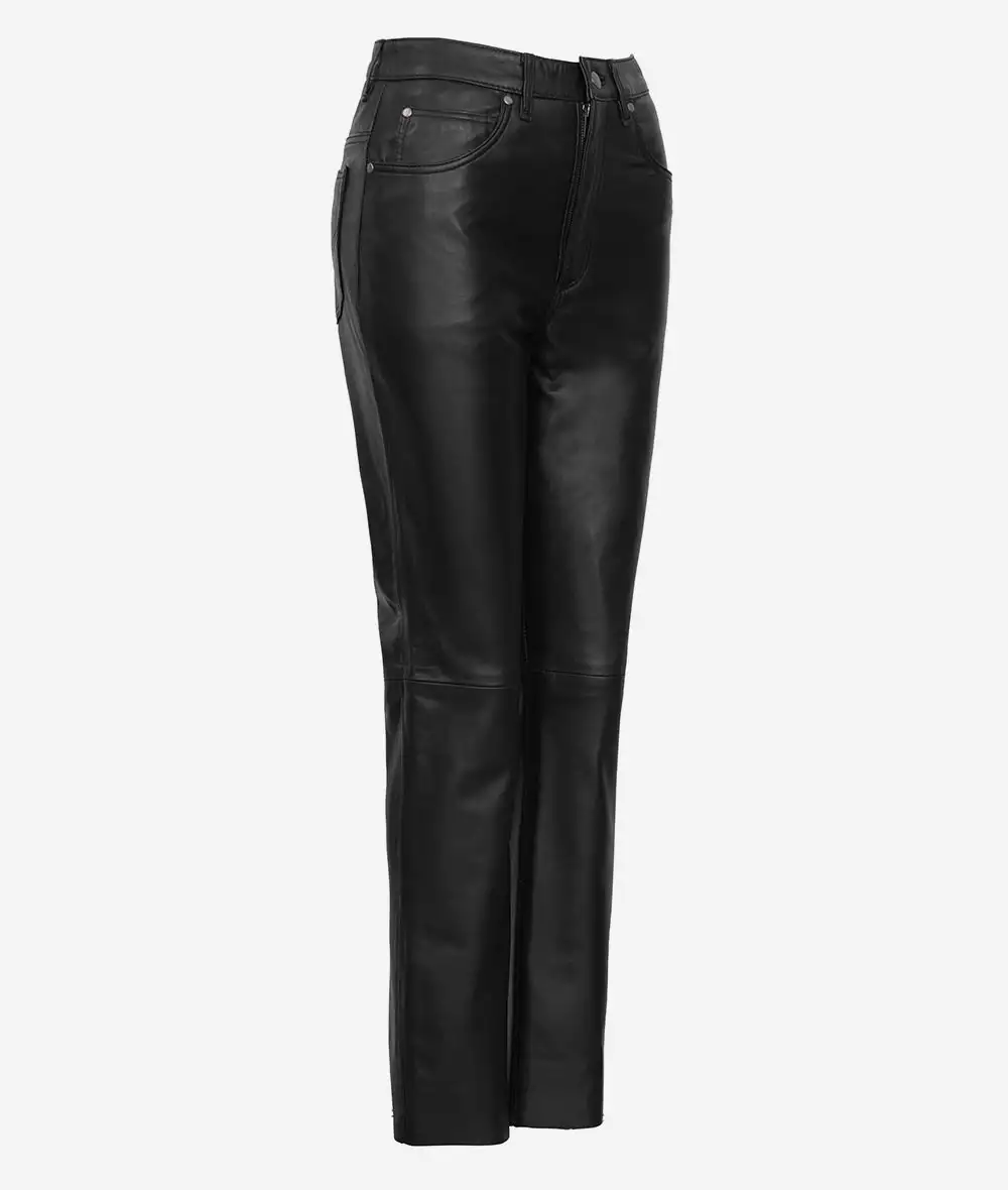 Carico Black Leather High Waist Straight-Leg Pant for Women (Premium Quality)