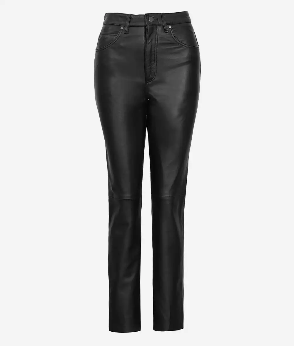 Carico Black Leather High Waist Straight-Leg Pant for Women (Premium Quality)