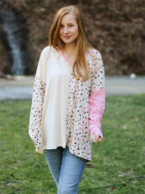 Casey Pink and Cream Leopard Print Color block Top Curves