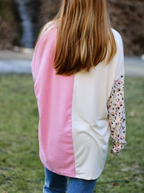 Casey Pink and Cream Leopard Print Color block Top Curves