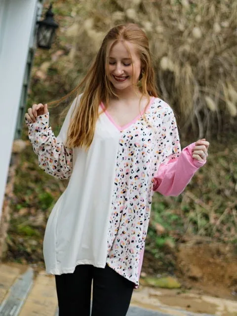 Casey Pink and Cream Leopard Print Color block Top Curves