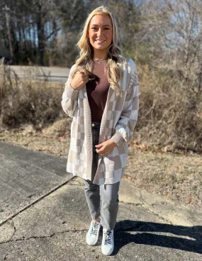 Checkerboard Loose Fit Cardigan Latte