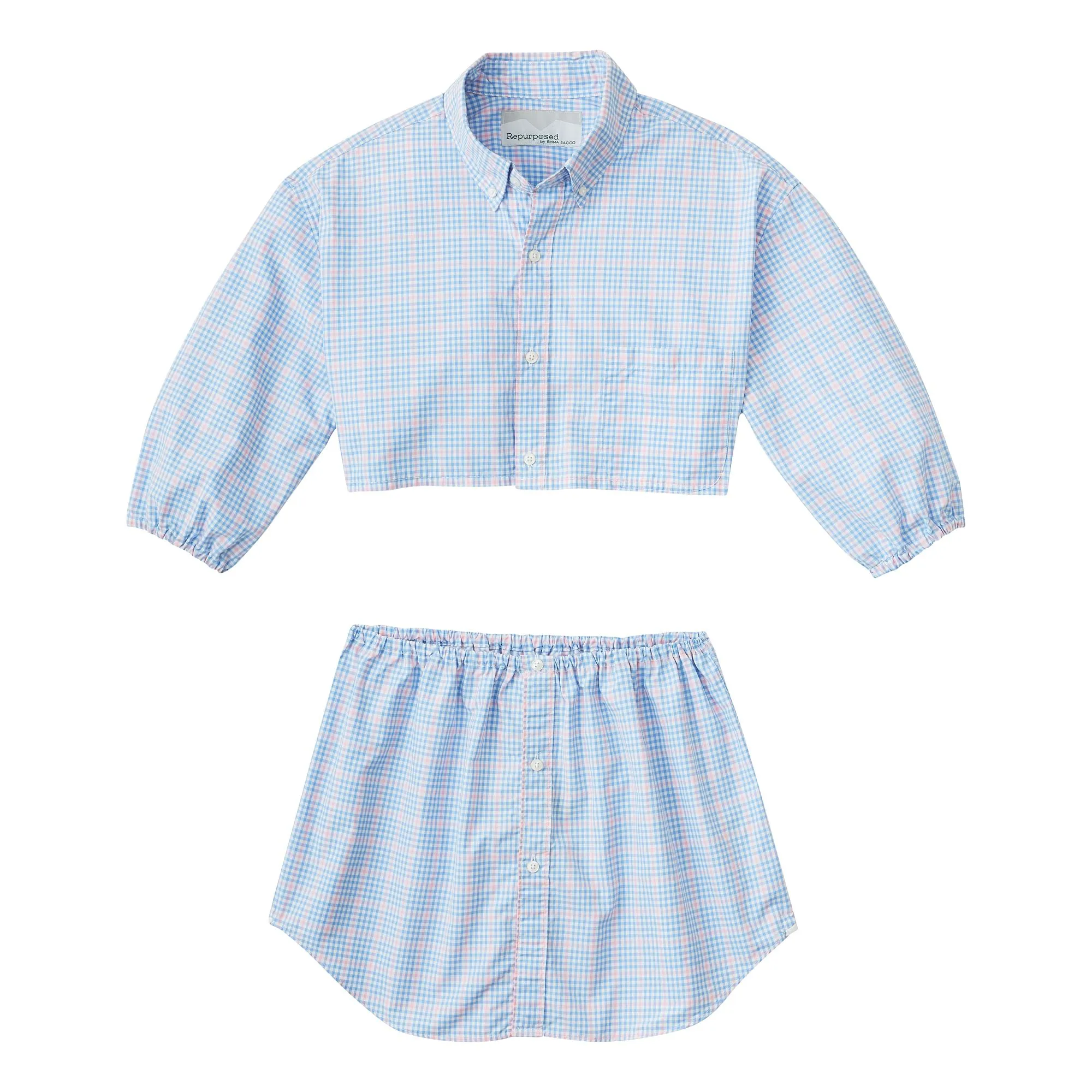 Cotton Candy Clouds Light Blue Pink Plaid Button Up Shirt Skirt Two Piece Set