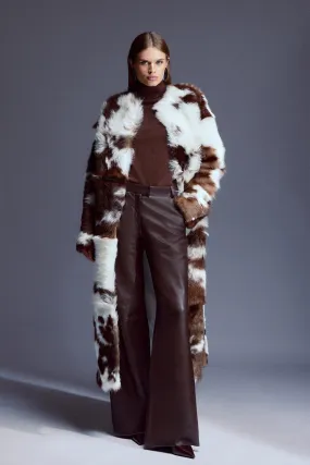 Cow Print Shearling Collarless Maxi Coat | Karen Millen