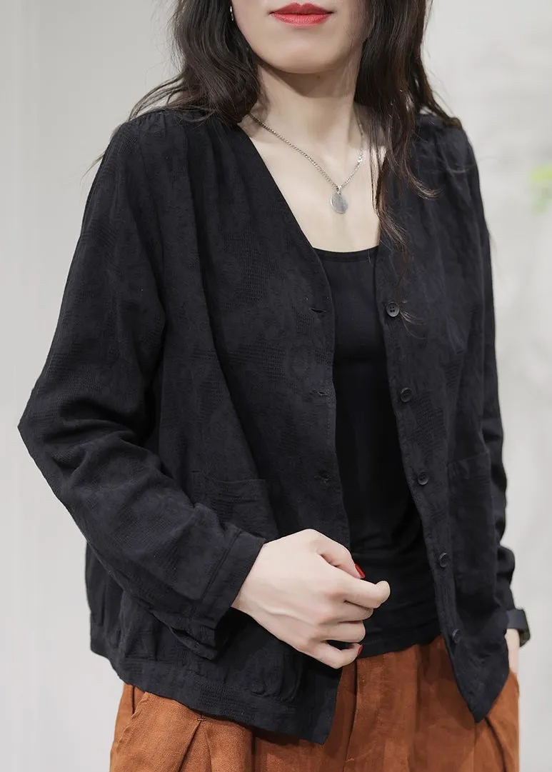 Cozy Black V Neck Button Cotton Coats Long Sleeve