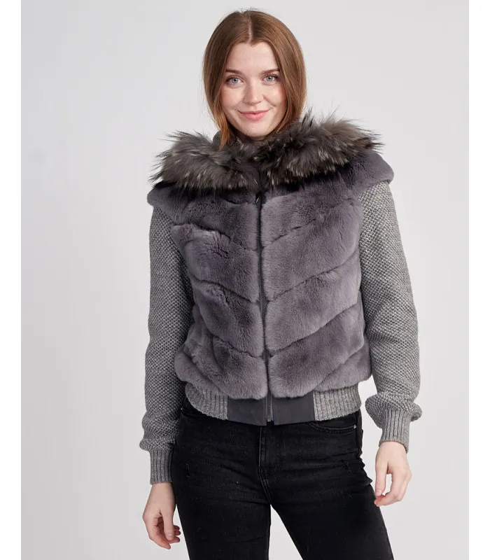 Darya Rex Rabbit Hoodie with Fox Fur Trim | FurHatWorld.com