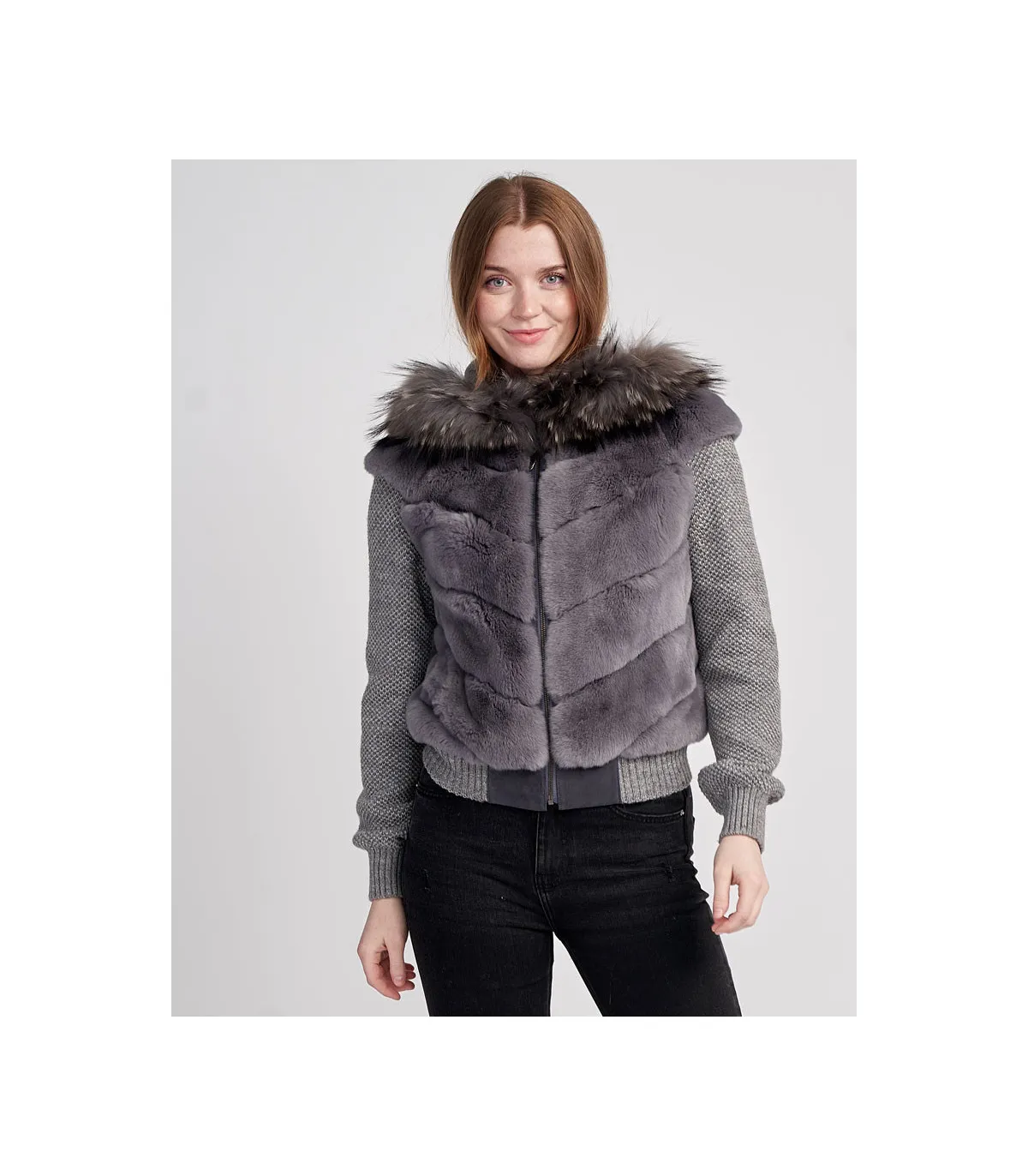 Darya Rex Rabbit Hoodie with Fox Fur Trim | FurHatWorld.com