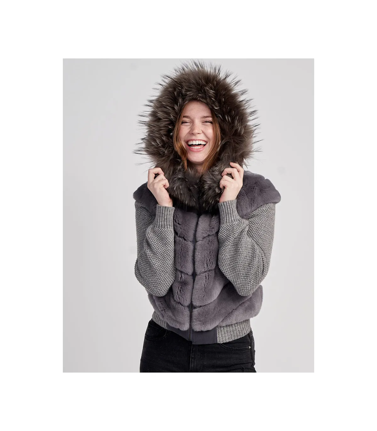 Darya Rex Rabbit Hoodie with Fox Fur Trim | FurHatWorld.com