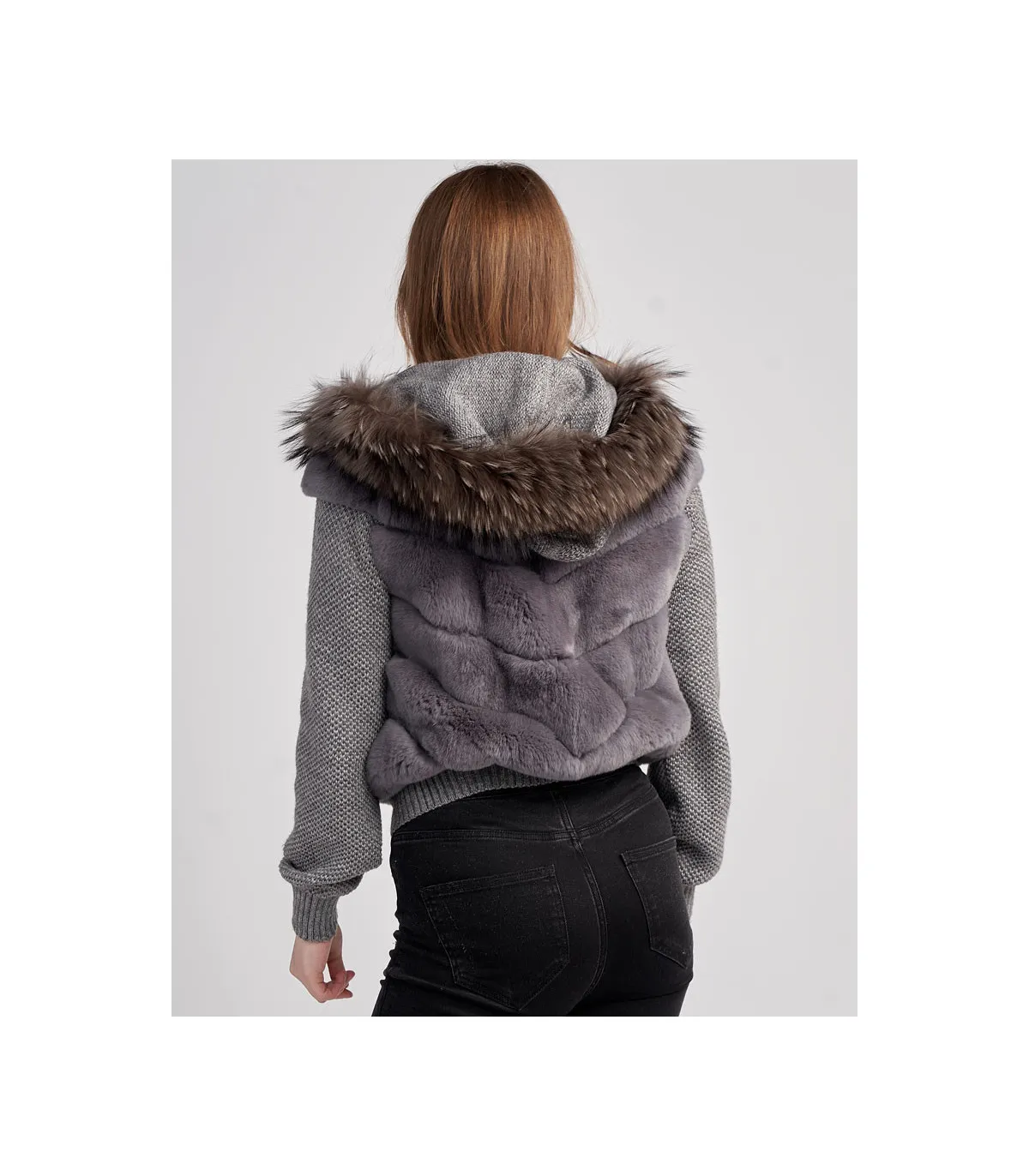 Darya Rex Rabbit Hoodie with Fox Fur Trim | FurHatWorld.com