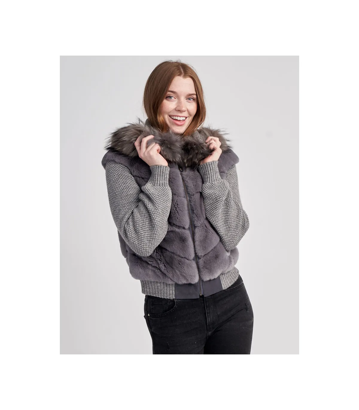 Darya Rex Rabbit Hoodie with Fox Fur Trim | FurHatWorld.com