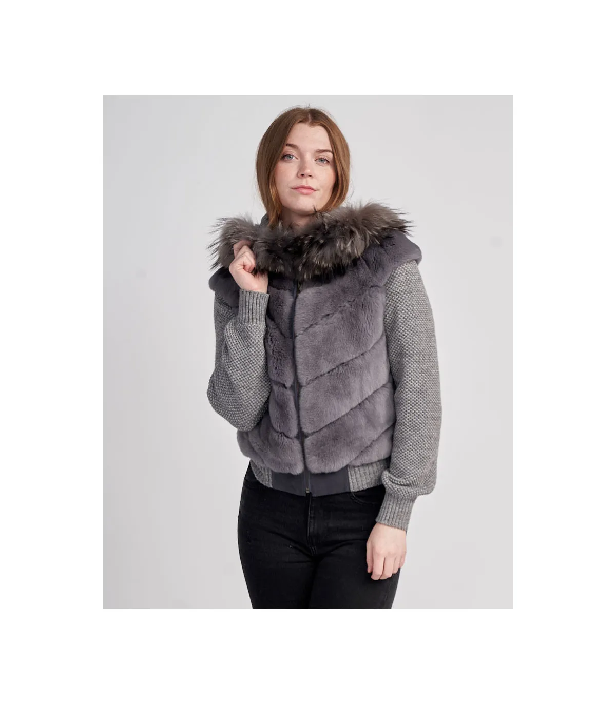 Darya Rex Rabbit Hoodie with Fox Fur Trim | FurHatWorld.com