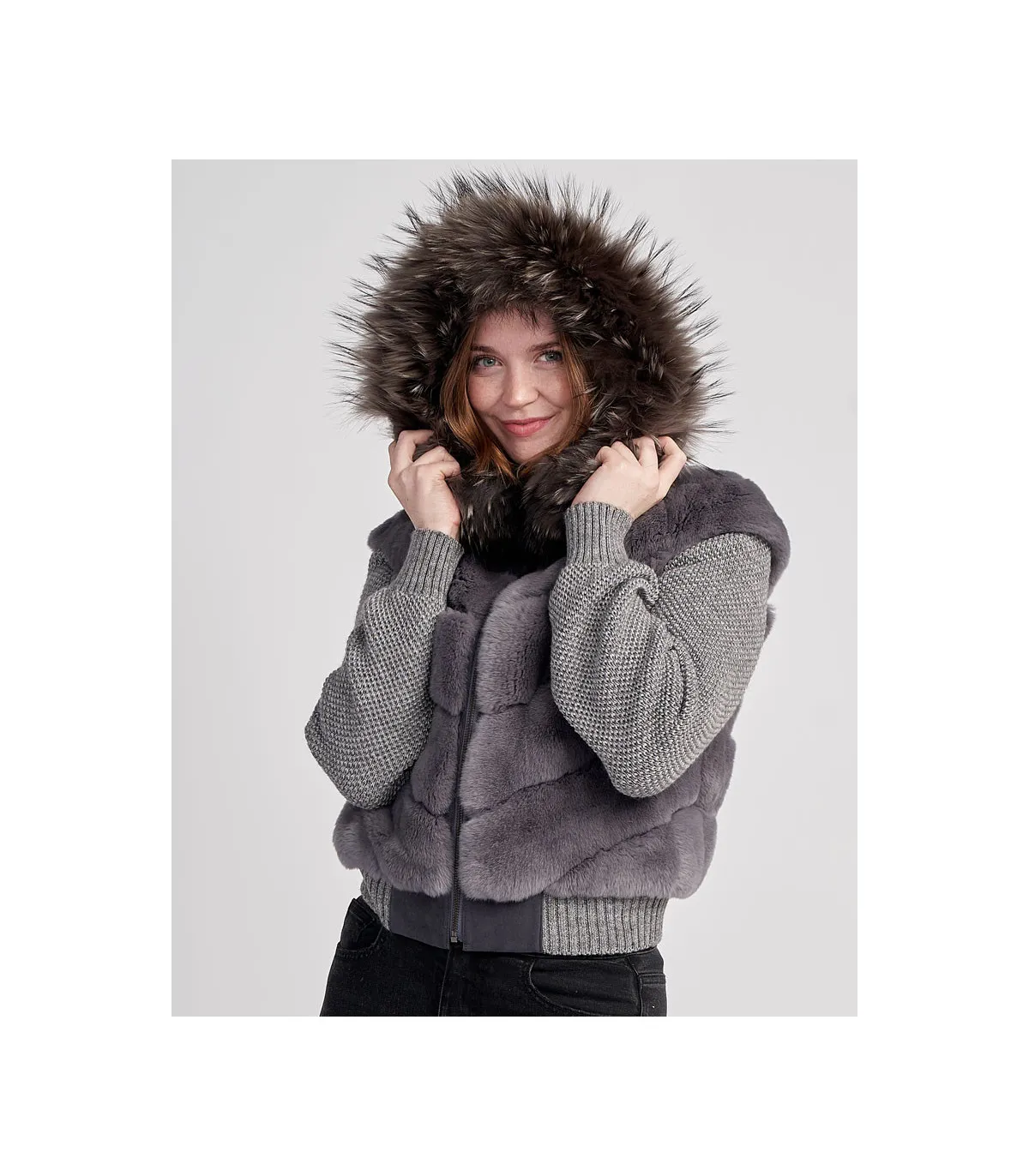 Darya Rex Rabbit Hoodie with Fox Fur Trim | FurHatWorld.com