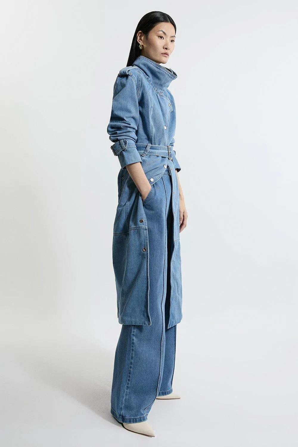 Denim Funnel Neck Belted Maxi Coat | Karen Millen