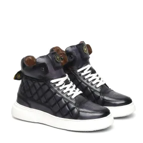 Diamond Stitch Mid-Top Grey Leather Sneaker by Brune & Bareskin