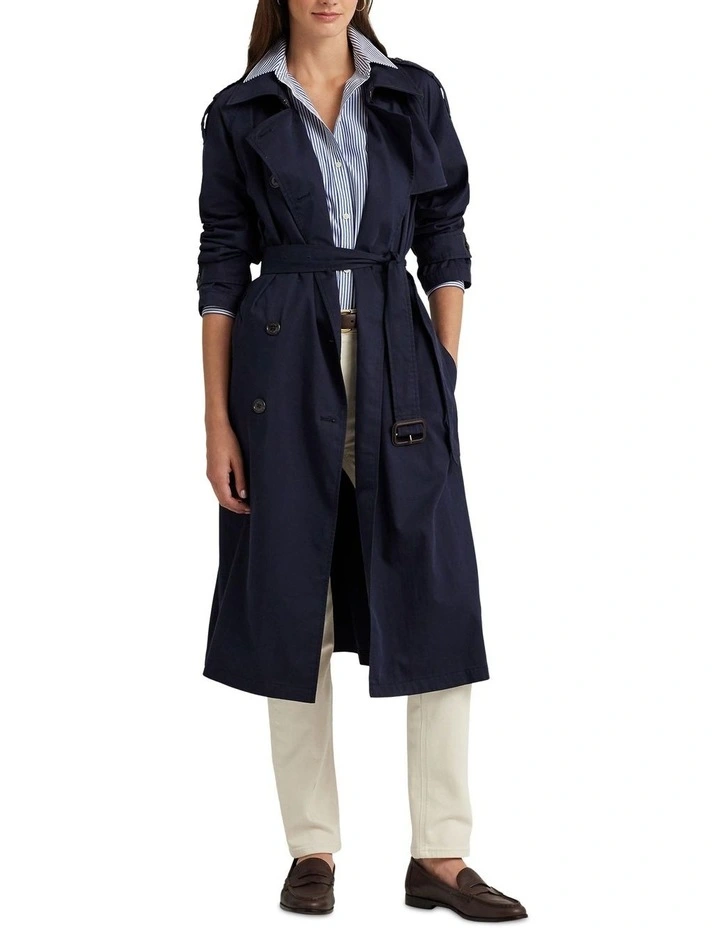 Double-Breasted Twill Trench Coat in Navy