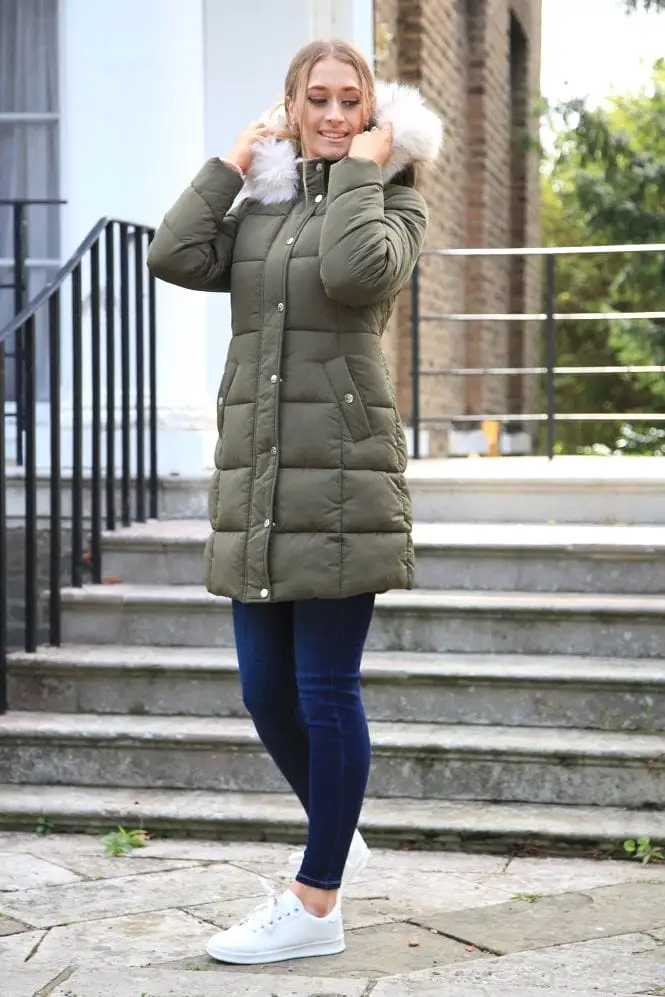 Double Second Khaki Long Puffer With Fur Collar