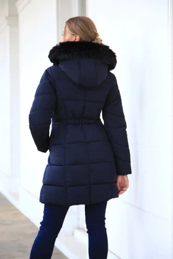 Double Second Navy Long Puffer With Fur Collar