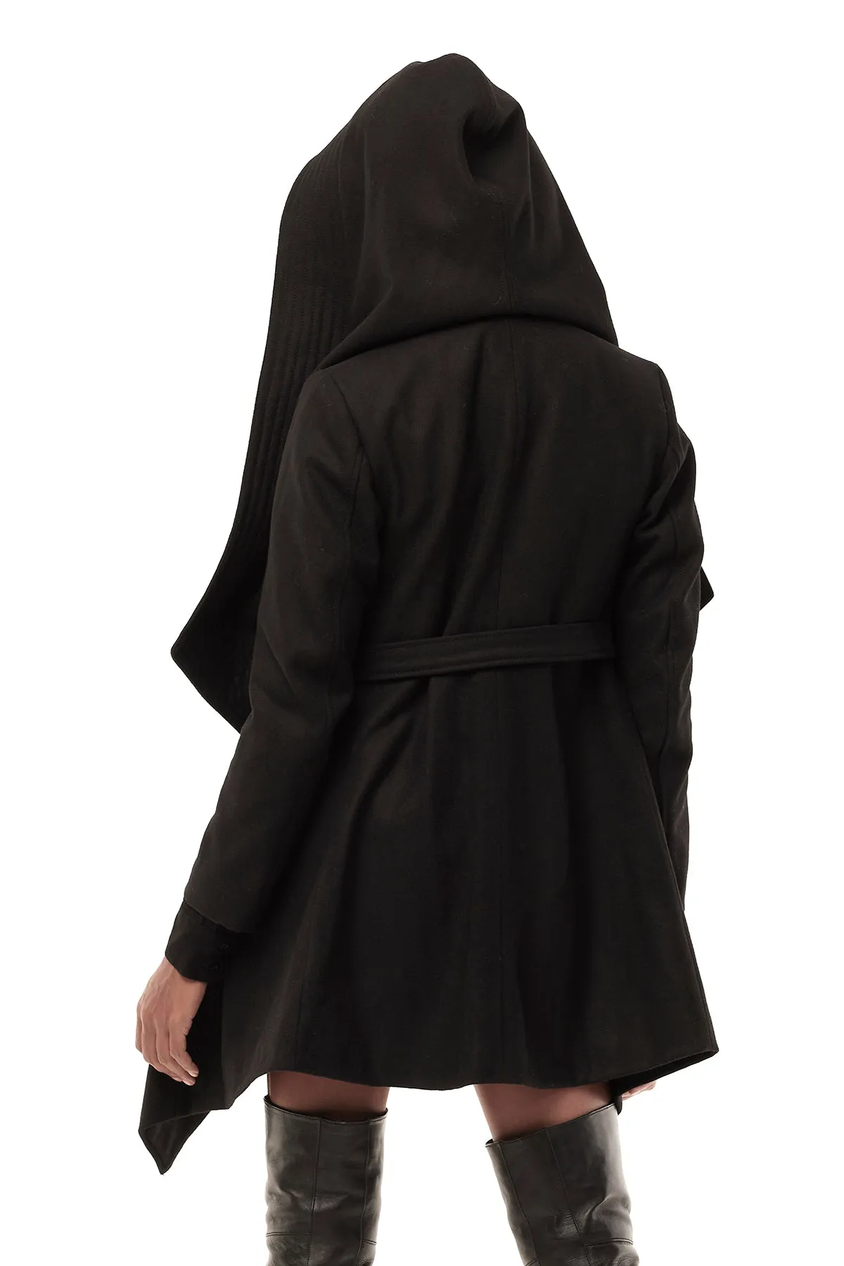 DRAPED HOOD COAT IN BLACK