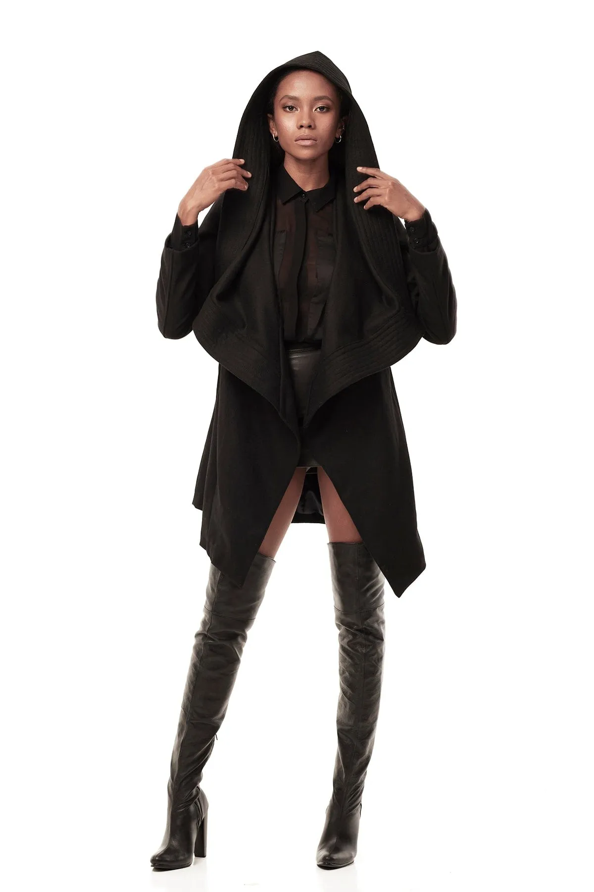 DRAPED HOOD COAT IN BLACK