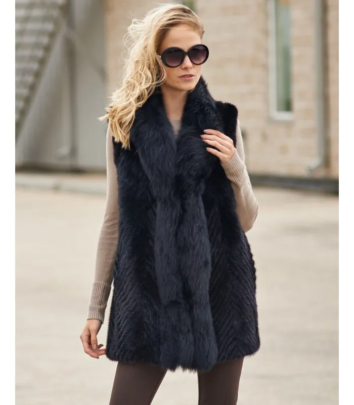 Eliza Sculptured V-cut Mink Vest with Fox Fur Trim: FurHatWorld.com