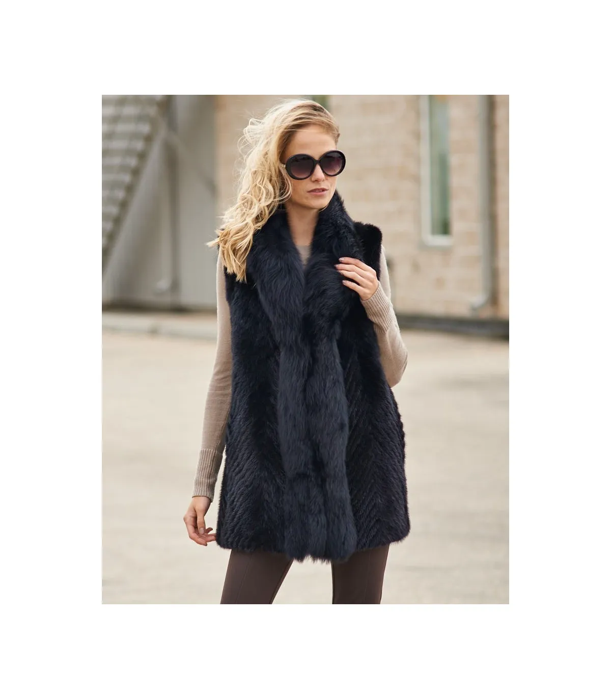 Eliza Sculptured V-cut Mink Vest with Fox Fur Trim: FurHatWorld.com