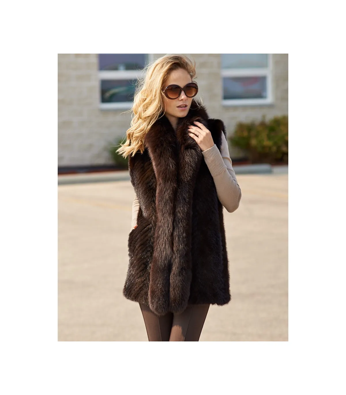 Eliza Sculptured V-cut Mink Vest with Fox Fur Trim: FurHatWorld.com