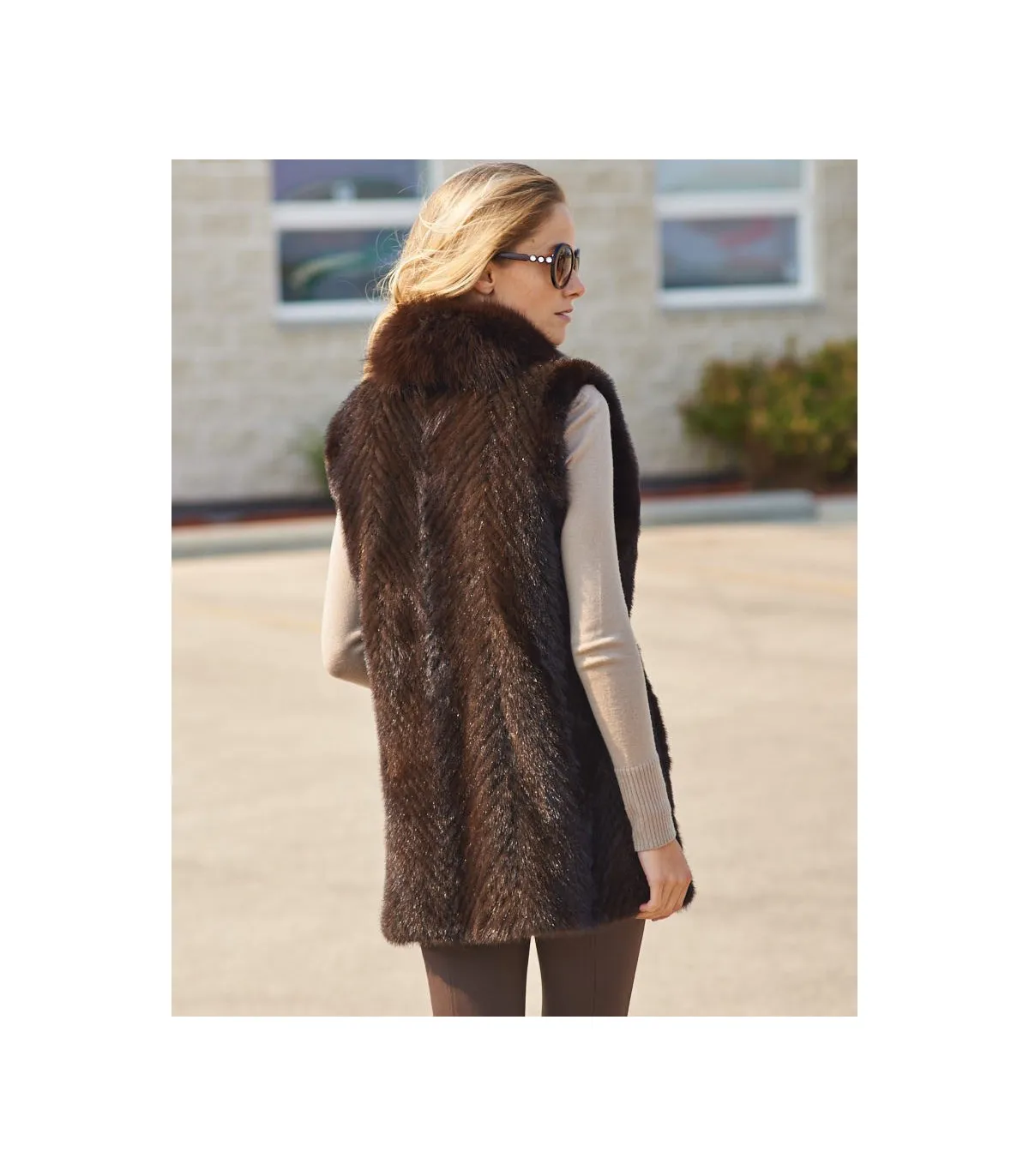 Eliza Sculptured V-cut Mink Vest with Fox Fur Trim: FurHatWorld.com