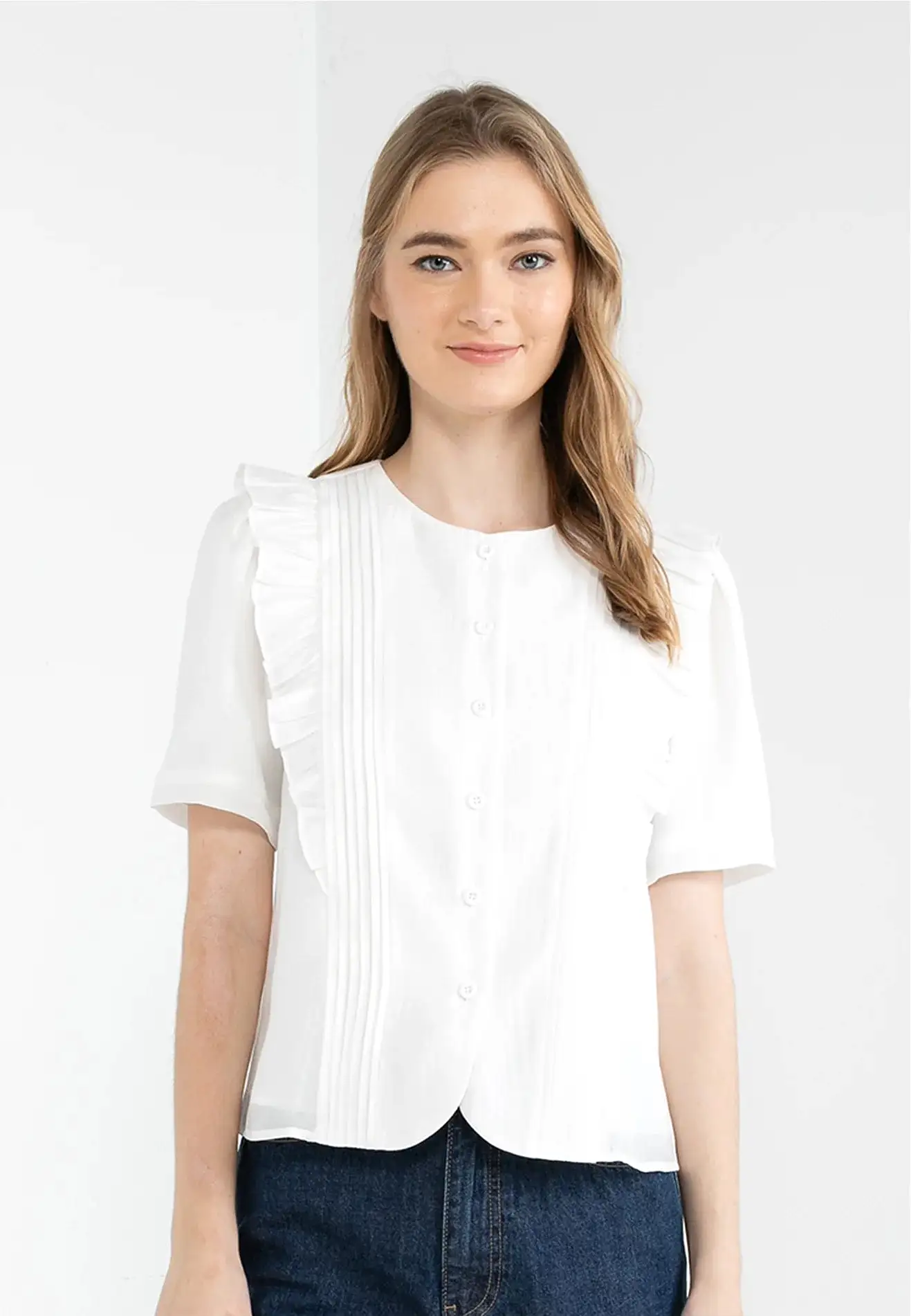 ELLE Apparel Ruffle Details Button Up Top