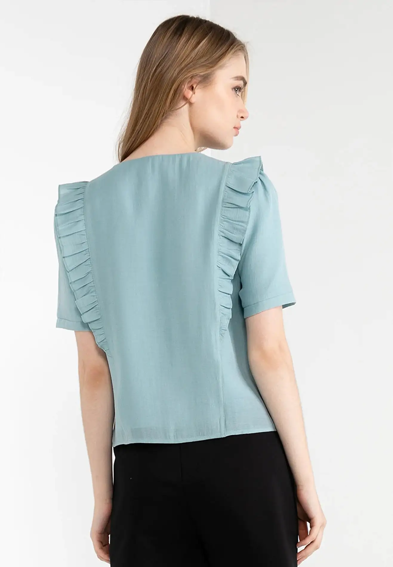 ELLE Apparel Ruffle Details Button Up Top