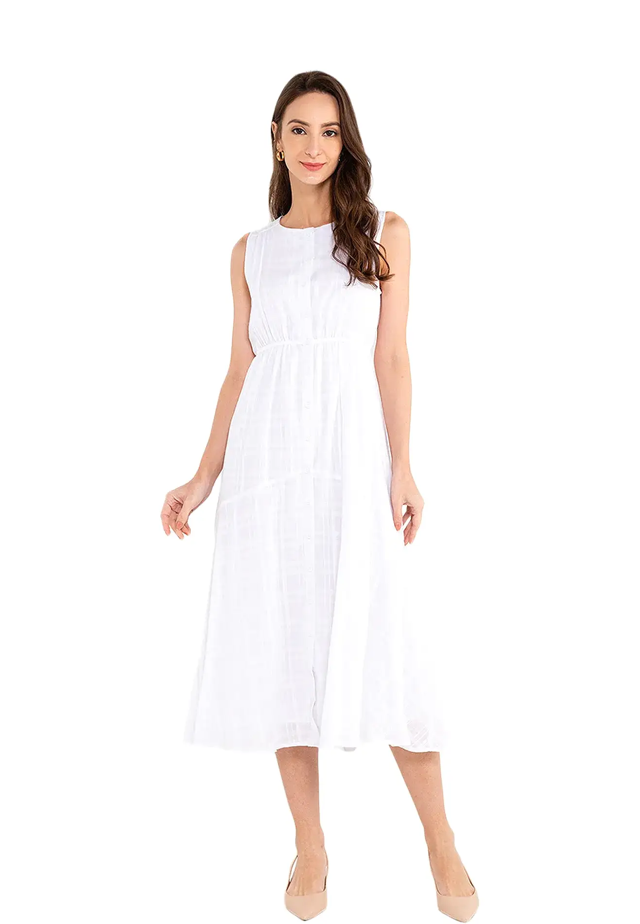 ELLE Apparel Sleeveless Checked Button Front Midi Dress