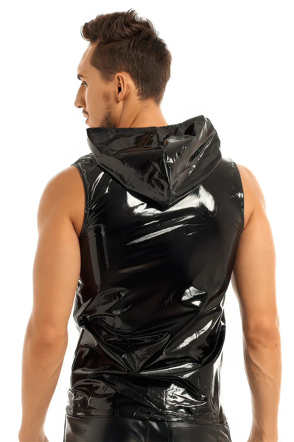 EU SALE of Wet Look Black Vest with Hood / Hip Hop Closure Costumes