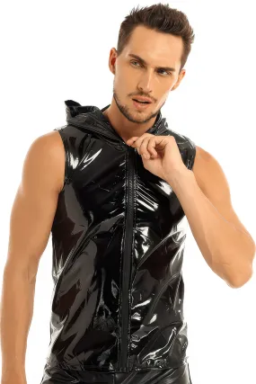 EU SALE of Wet Look Black Vest with Hood / Hip Hop Closure Costumes